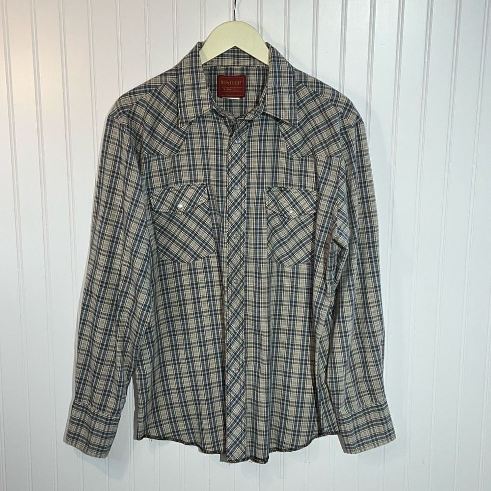 Rustler Long Sleeve Pearl Snap Shirt Men's Large Blue Tan Plaid Pocket Cowboy